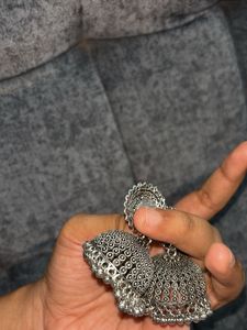 Elegant Oxidised Silver Jhumka Earrings