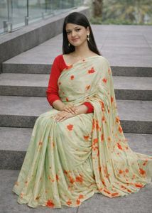 Elegant Mint Green Floral Saree with Red Blouse |