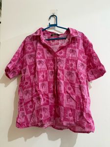Pink Palm Tree Print Button-Up Shirt