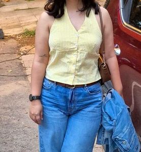 Halter neck cute yellow gingham pattern top