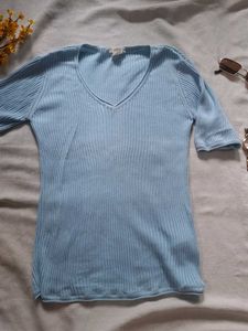Baby Blue Ribbed V-Neck Top
