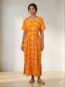 Vibrant Orange Floral Print Maxi Dress