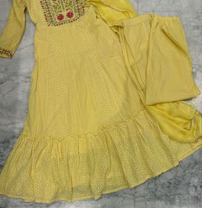 Yellow Chikankari Embroidered Anarkali Set