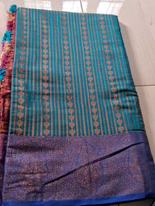 Beautiful Teal & Blue Striped Saree With blouse