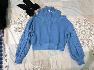 Blue Cold Shoulder Knit Sweater
