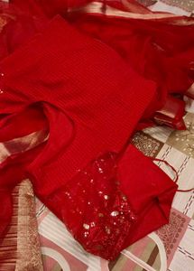 New Vibrant Red Saree with Gold Border