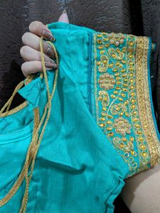 Turquoise Saree with Gold Embroidery