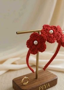 Handmade Red Crochet Flower Hairband with White Pe