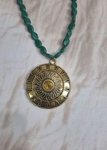 Green Beaded Medallion Necklace- NEW STOCK