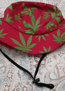Red Bucket Hat with Green Leaf Print
