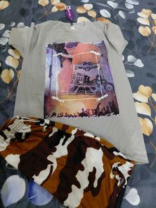 Graphic Print T-Shirt and Camo Shorts Set