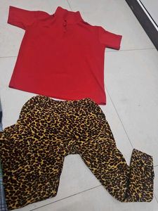 Girls' Red Top & Leopard Print Pants Set