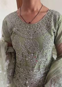Sage Green &amp; Silver Embroidered Gown