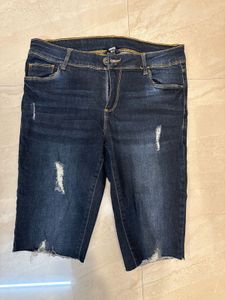 Dark Wash Ripped Denim Capris