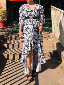 Stylish V-Neck Leaf Print Dress