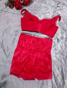 Red Lace Bra &amp; High-Waisted Shorts Set
