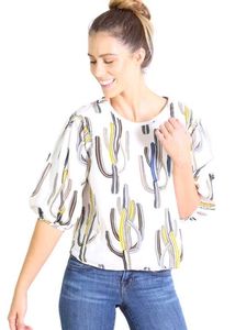Cactus Print Puff Sleeve Top