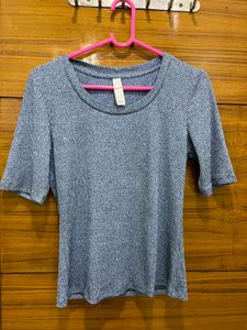 Ribbed Blue Half Sleeve Top