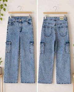 Trendy Acid Wash Cargo Jeans|Light Blue Denim Carg