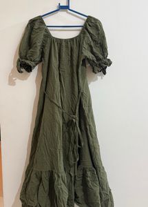 Olive Green Puff Sleeve Maxi Dress