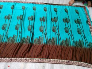 🇳🇿💫🎀Stunning Blue Saree with Floral Print
