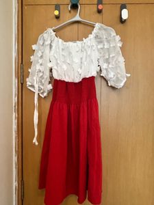 Chic White &amp; Red Off-Shoulder Dress