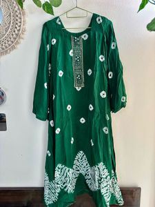 Bottle Green Bandhani Anarkali suit set & palazzo