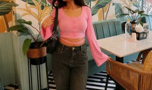 Pink Bell Sleeve Crop Top