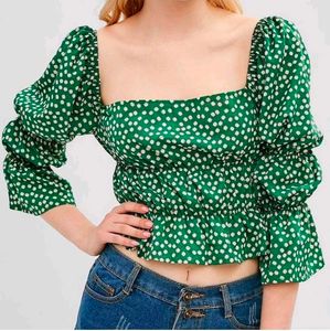 Green Floral Puff Sleeve Top