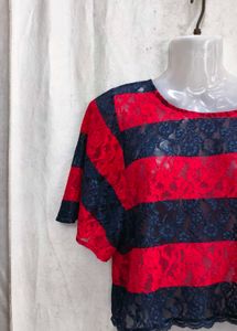 Red &amp; Navy Striped Lace Top