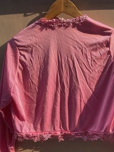 Chic Pink Lace Trim Bolero Jacket