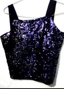 Stylish Sequins Dark Blue V Neck Top For Women