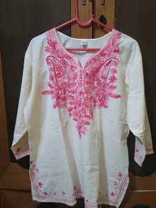 White Kurta with Pink Embroidery