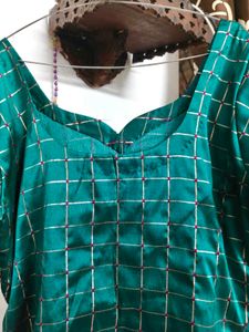 Emerald Green Kurta with Gold Grid Pattern