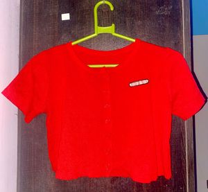 Red Cropped Button-Up Top