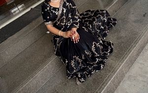 Elegant Black partywear Saree with roseGold Embroi