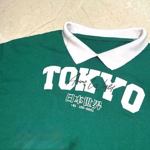Y2k Green "Tokyo" Collared Crop Top