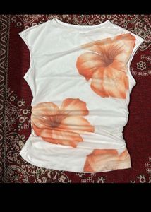 White Floral Print Ruched Top