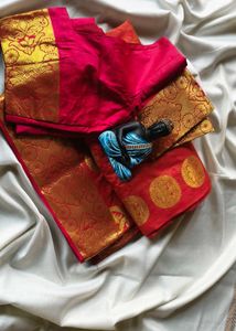 Vibrant Red Silk Saree with Gold Border