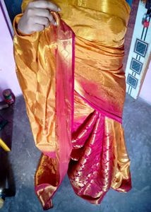 yellow &amp; red banarasi Saree with ready Blouse