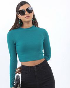 Teal Mock Neck Long Sleeve Crop Top