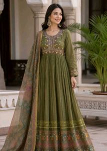 Olive Green Embroidered Anarkali Gown