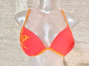 Vibrant Red Bikini Top with Tropical Print