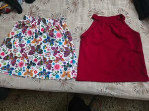 Cute Butterfly Print Skirt & Red Top Set