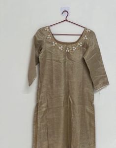 Elegant Beige Kurta with Floral Neckline