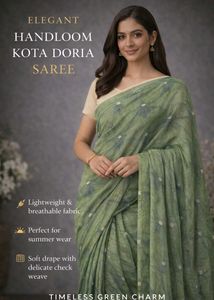 🥻Elegant lime Green rare Kota doria fabric Saree