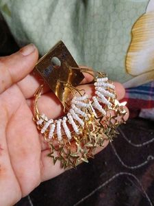 Gold Star Hoop Earrings with White Beads