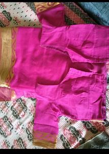 Vibrant Pink Saree d blouse with Gold Border