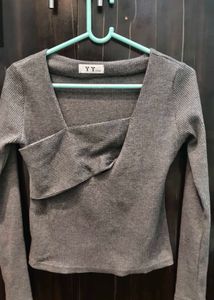 YY Gray Ribbed Long Sleeve Top