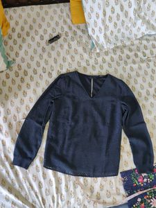 Navy Blue Textured V-Neck Top